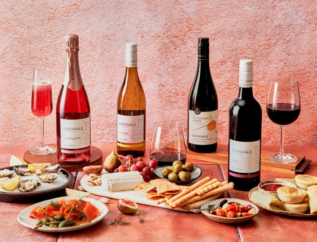 Selection of some of the best bottles of Edenvale wine on a tabletop with antipasto platters