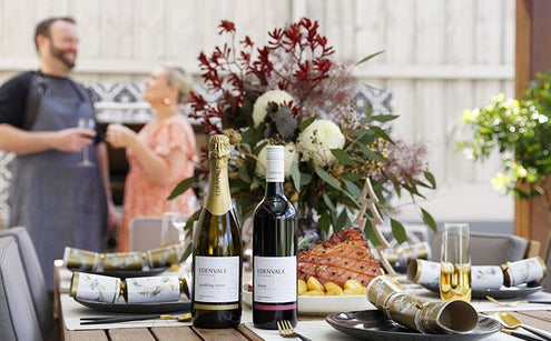Christmas dinner set up with wine