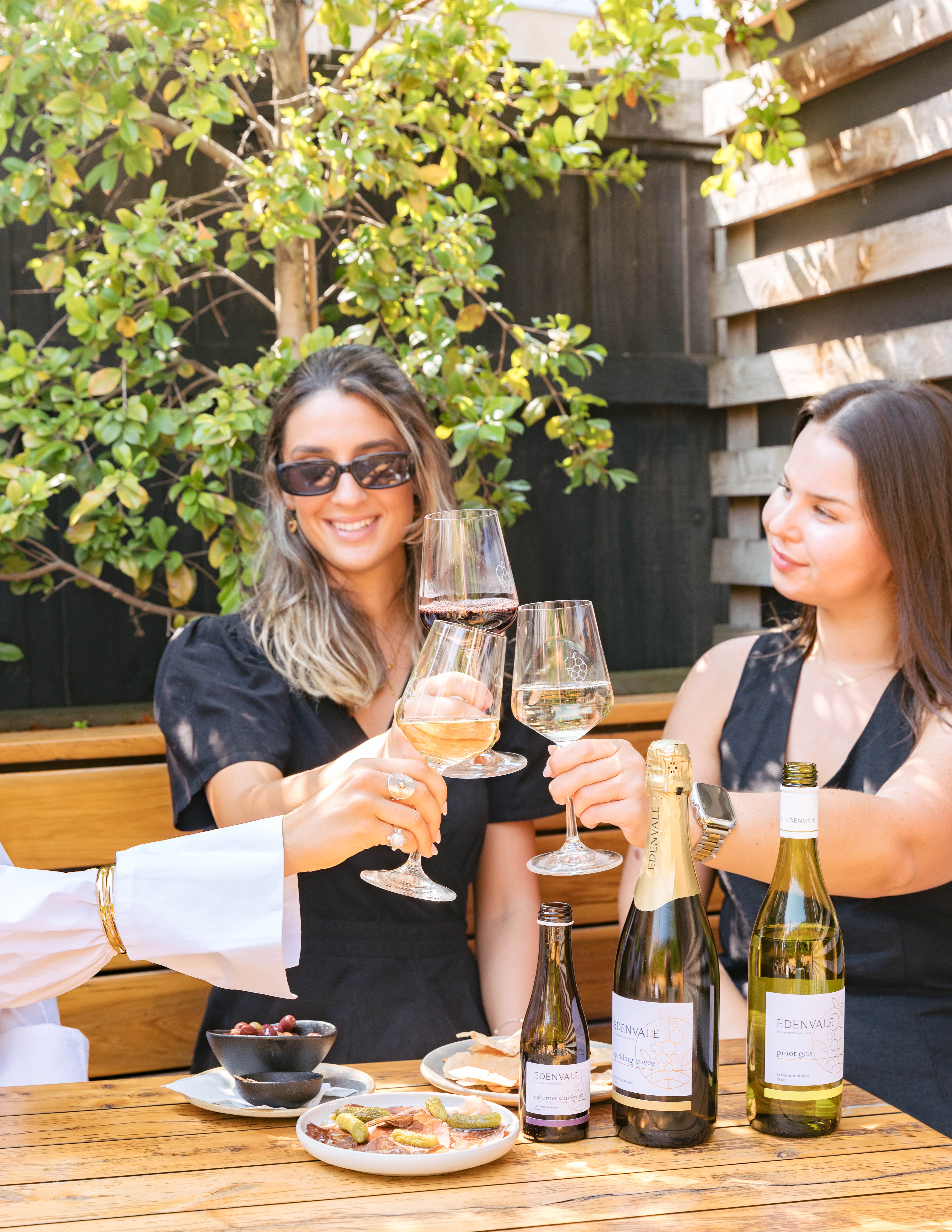 A group of people sitting at a table on a sunny day. Each is enjoying their glass of Edenvale non-alcoholic wine.
