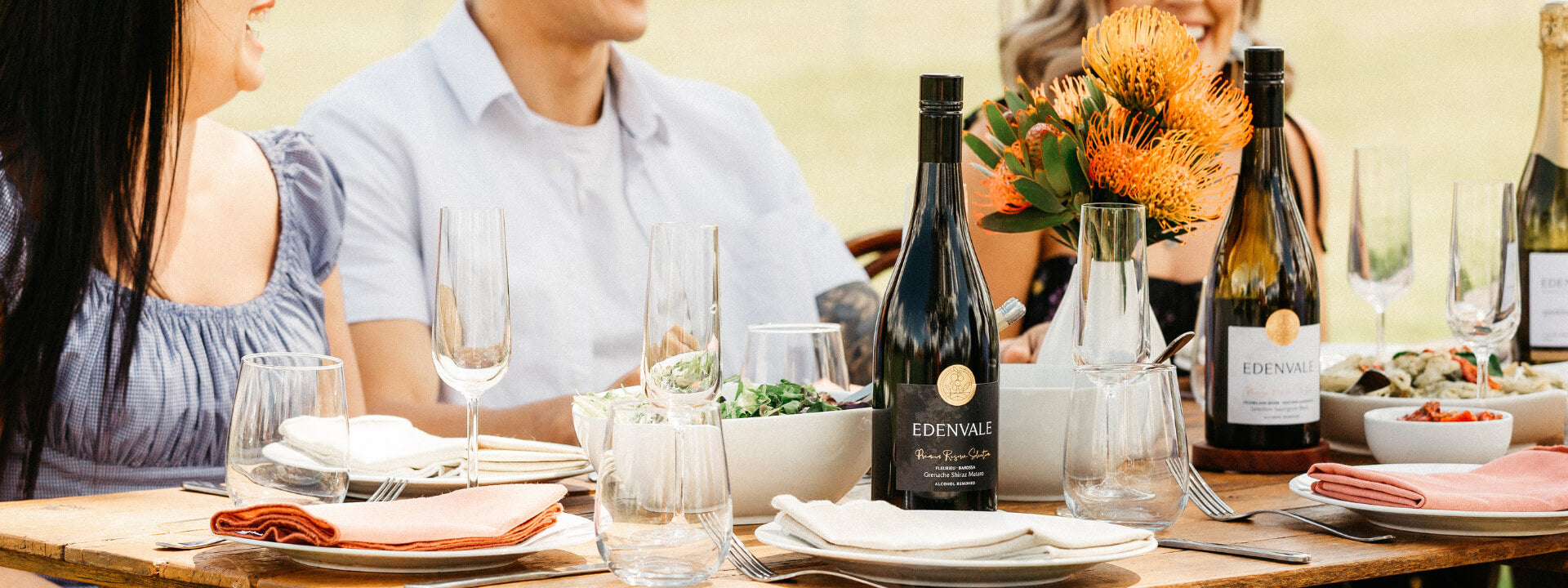 People at a dinner party with Edenvale non-alcoholic wine