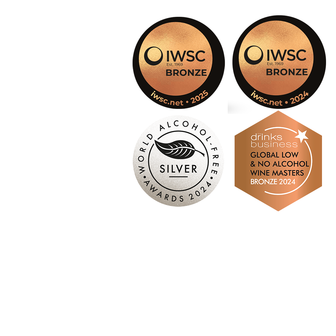 Collection of wine awards including Bronze and Silver from various organizations on a white background