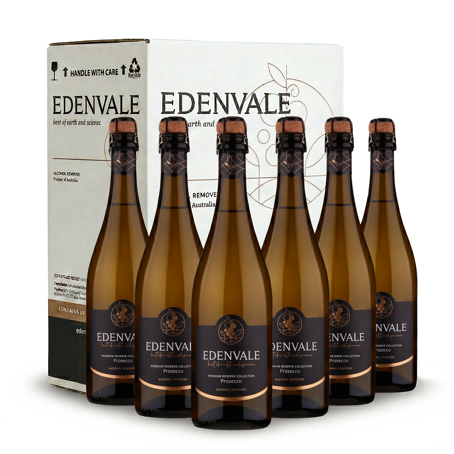 Six bottles of Edenvale Prosecco with carton in the background