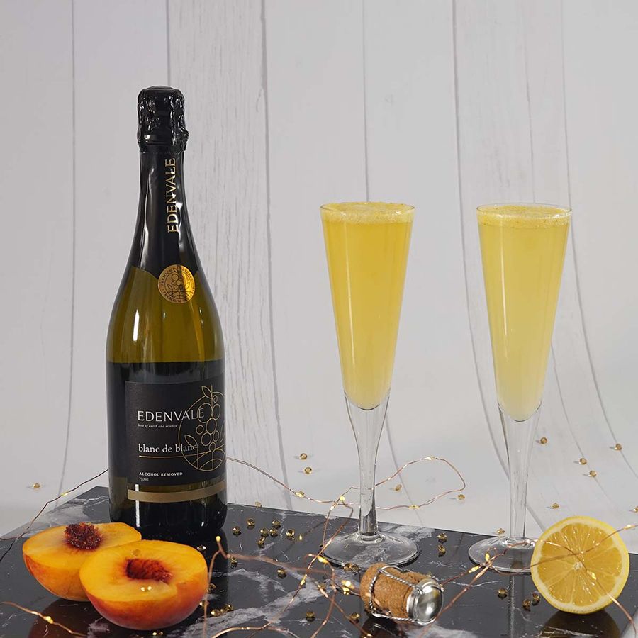 peach bellini with alcohol-removed blanc de blanc wine