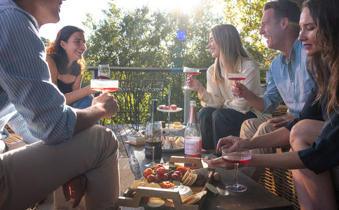 Group of friends gathered around outdoor table drinking non-alcoholic wine and laughing 