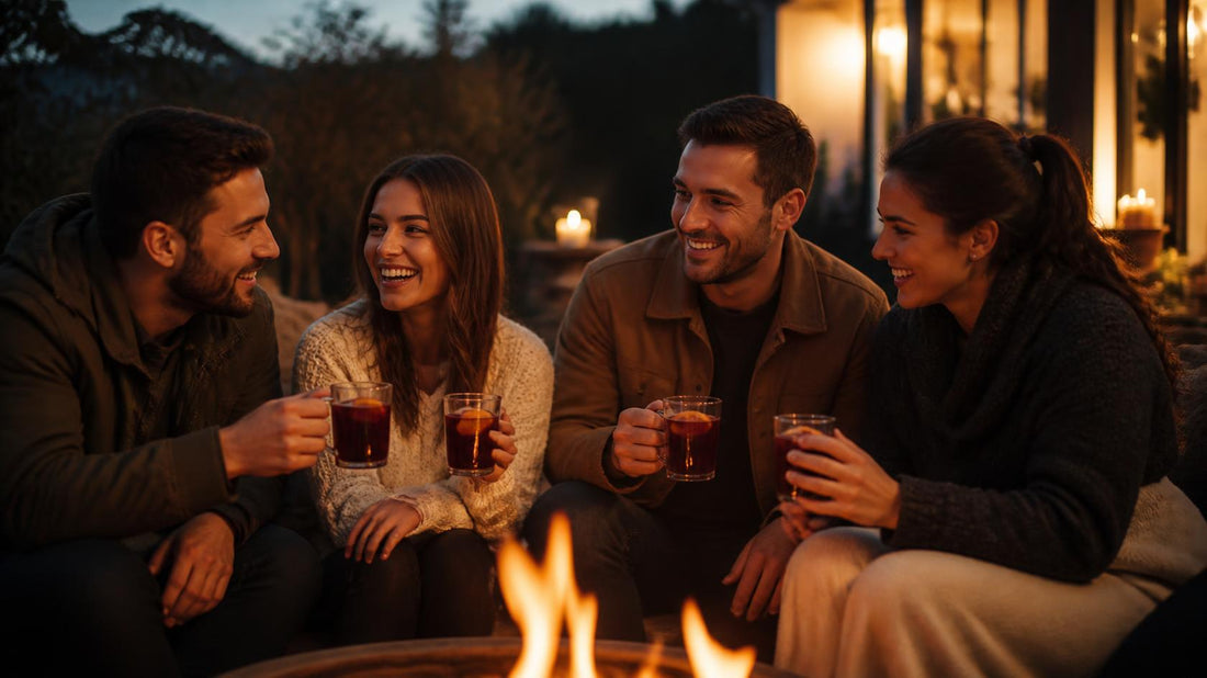  Four young adults dressed for cool weather sit around an outdoor open fire, each holding a glass of spicy mocktail. 