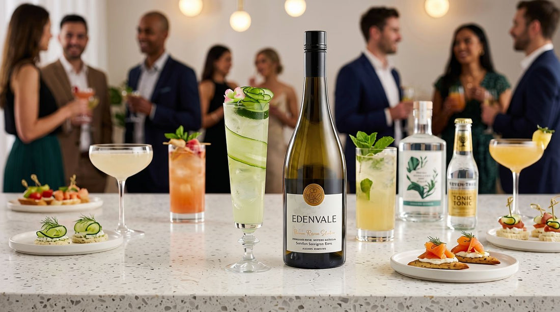  Bottle of Edenvale non-alcoholic wine on a bar counter surrounded by mocktails, canapés, and guests mingling in the background  
