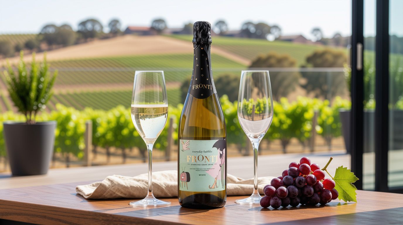  Bottle of Fronti White Sparkling Grape Juice on an outdoor table with wine glasses and a bunch of grapes.