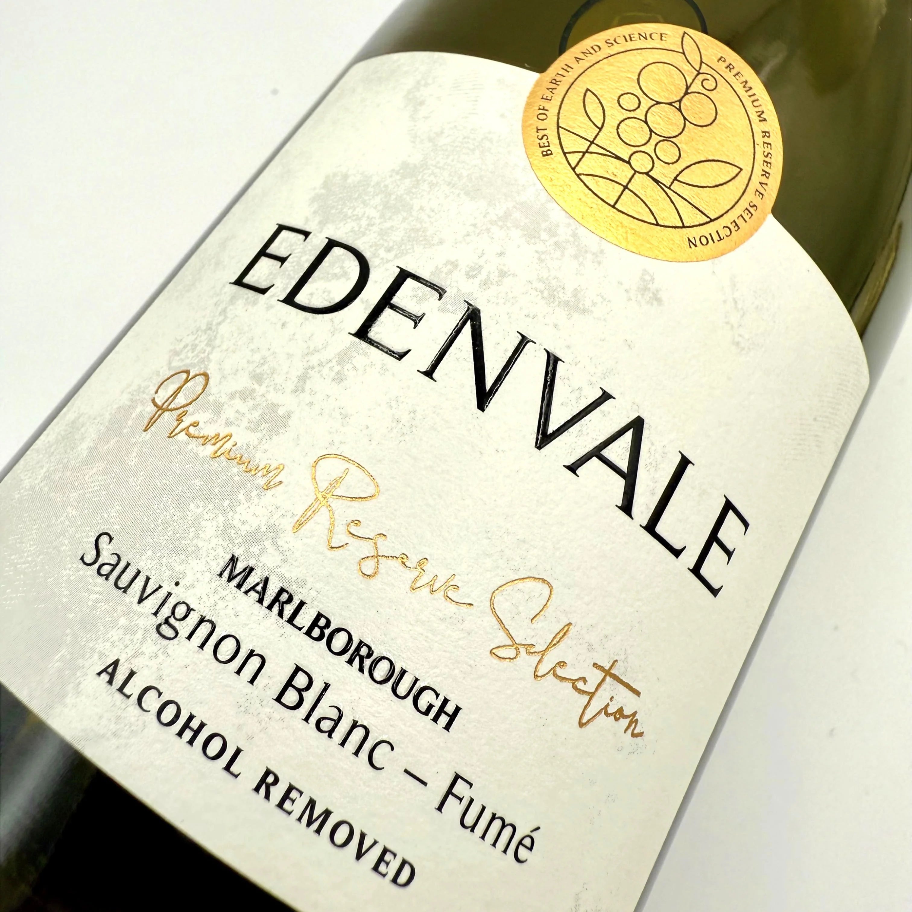 Close-up label on a bottle of Edenvale Premium Resrve Selection Marlborough Sauvignon Blanc-Fume