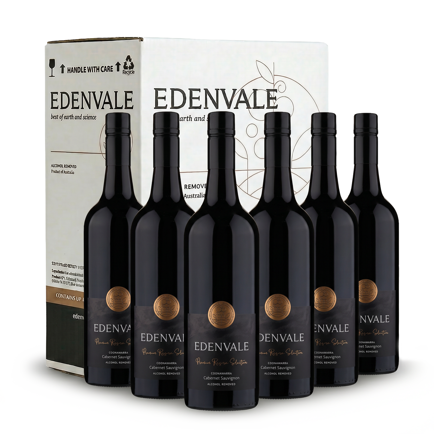 Six bottles of Edenvale Coonwarra Cab Sav with carton in the background 
