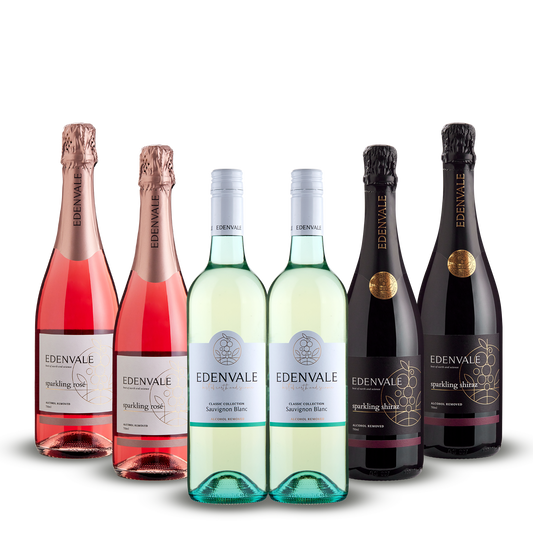 Collection of Edenvale wine bottles including sparkling and still wines on a white background
