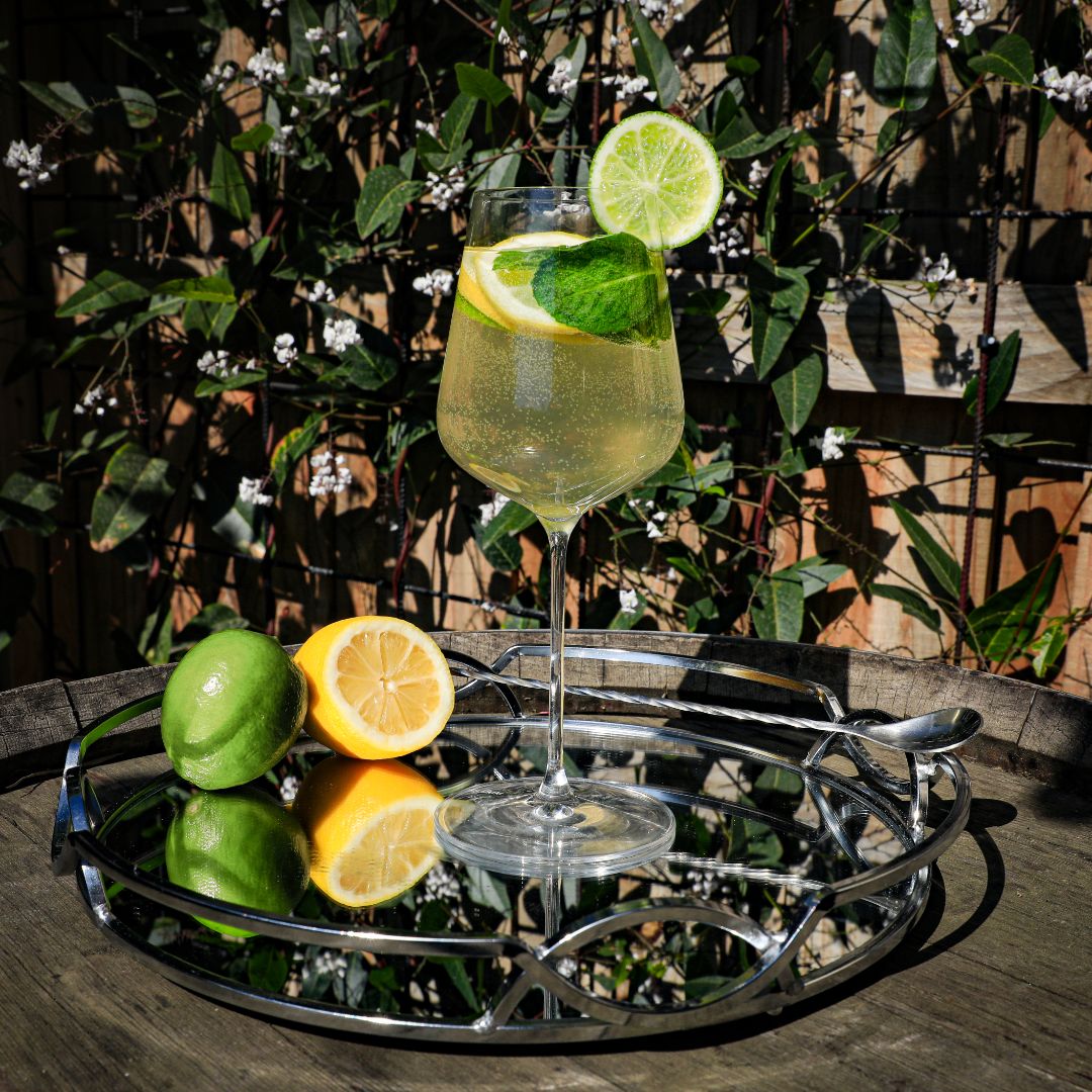 Front view of a glass of Mint and Citrus White Sangria mocktail garnished with mint, lemon and lime