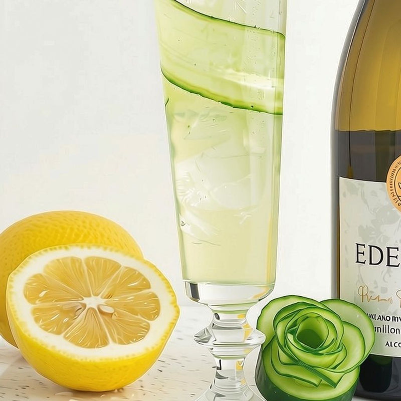  Bottle of Non-Alcoholic Semillon Sauvignon Blanc surrounded by garnished Elderflower Spritz mocktails at a social gathering
