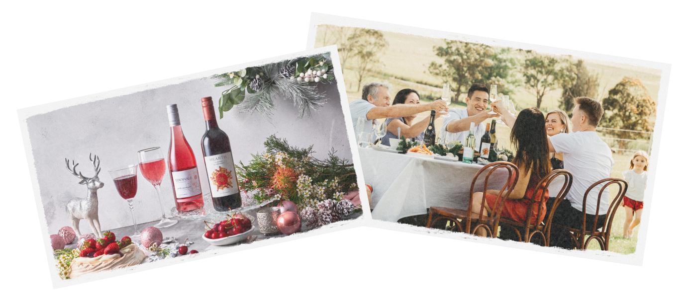 A group photo of a family cheersing wine at a dinner party and a photo of non-alcoholic wine