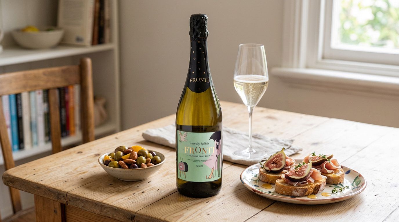 Bottle of Edenvale Fronti White grape juice on table with plate of fig and prosciutto canapes and bowl of olives
