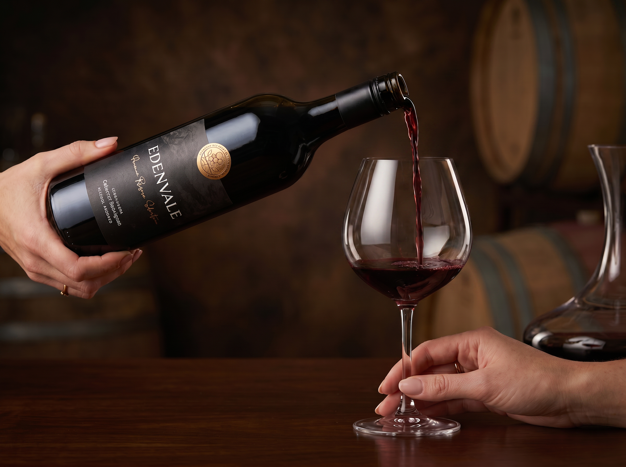 Close-up of a hand pouring from a bottle of Edenvale Premium Cabernet Sauvignon into a large red wine glass. Dark, moody background. 
