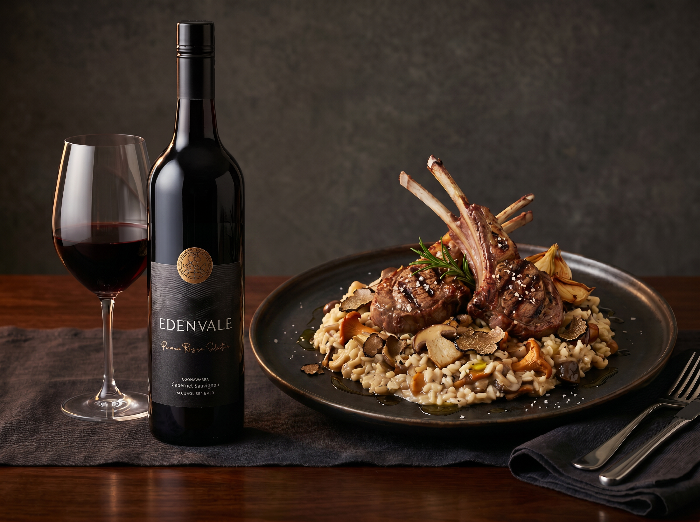 A bottle and glass of non-alcoholic Coonawarra Cabernet Sauvignon on a fine-dining table setting beside a dish of lamb cutlets and mushroom risotto. 
