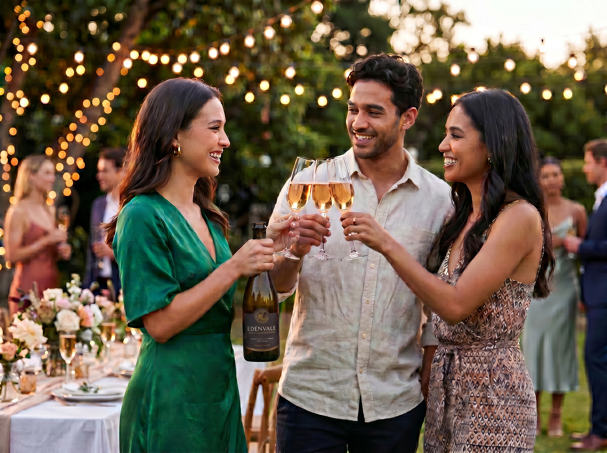 People celebrating with Edenvale Premium Reserve alcohol-free Prosecco, a sparkling non-alcoholic wine for special occasions.