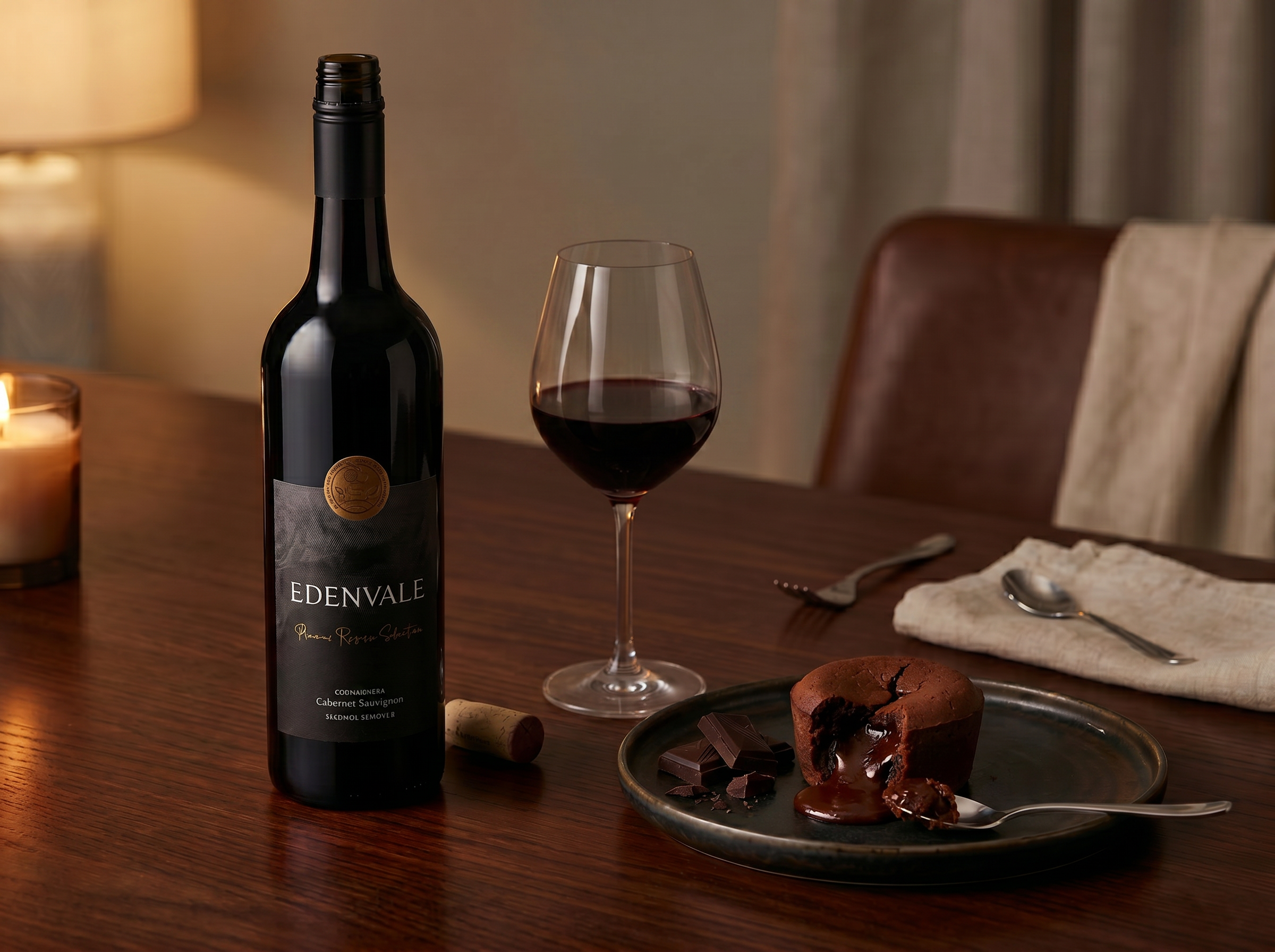 A bottle and glass of Edenvale Premium Coonawarra red wine beside a dish of single-serve chocolate pudding. 
