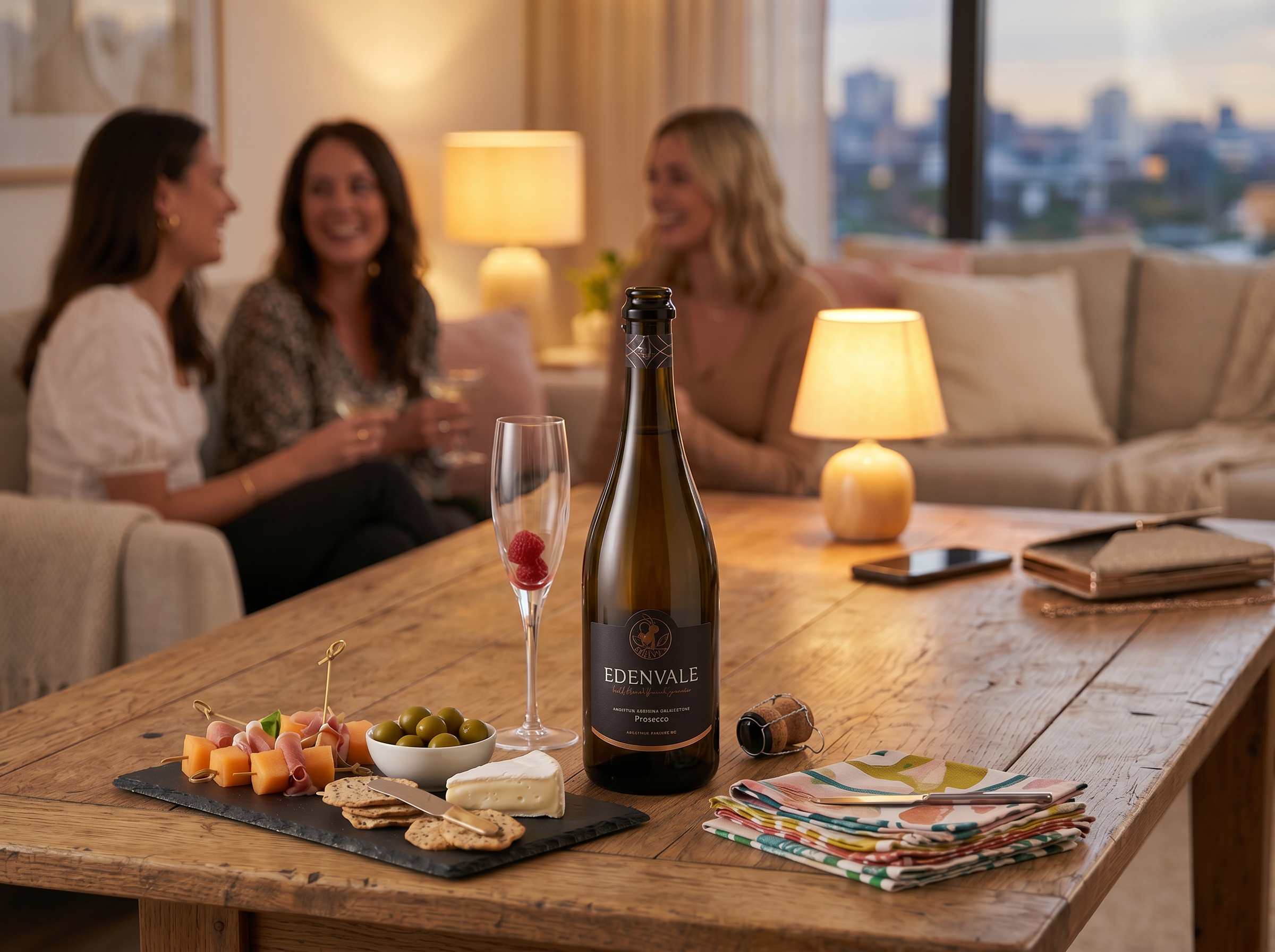  A group of four friends sit at an outdoor restaurant table. They are talking, drinking Edenvale Premium Reserve Prosecco and sharing an antipasto platter. 
