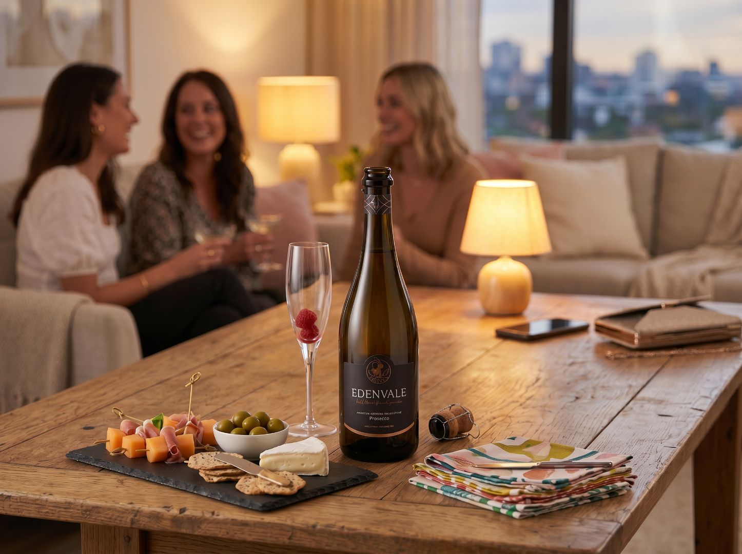  A group of four friends sit at an outdoor restaurant table. They are talking, drinking Edenvale Premium Reserve Prosecco and sharing an antipasto platter. 
