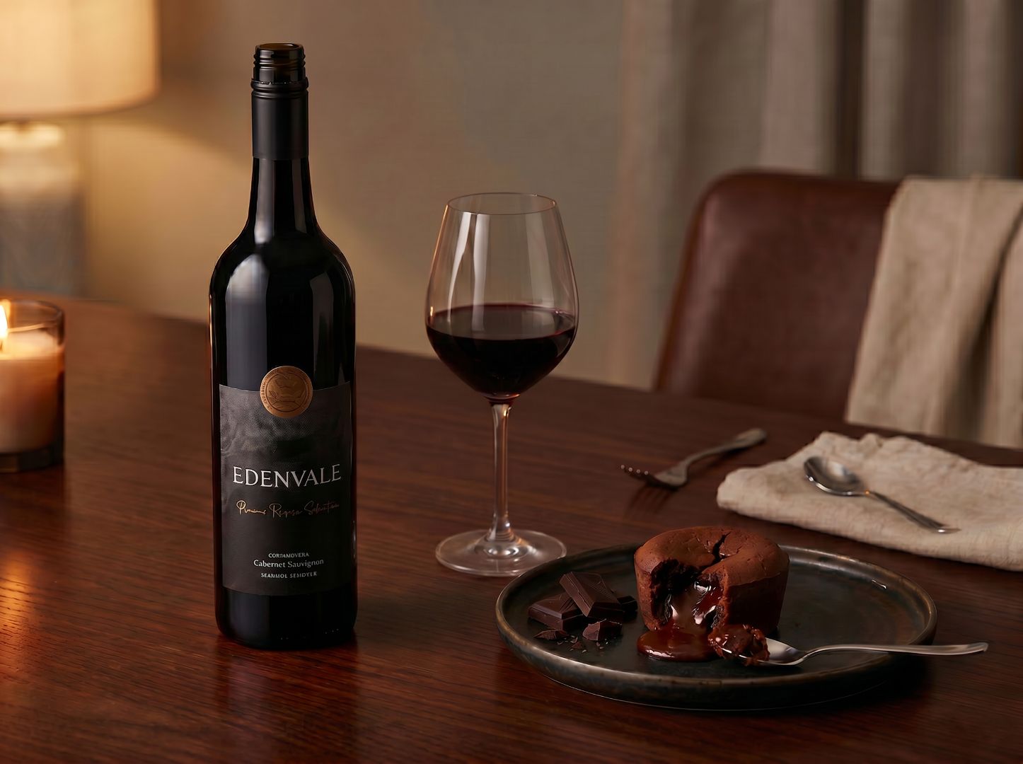 A bottle and glass of Edenvale Premium Coonawarra red wine beside a dish of single-serve chocolate pudding. 
