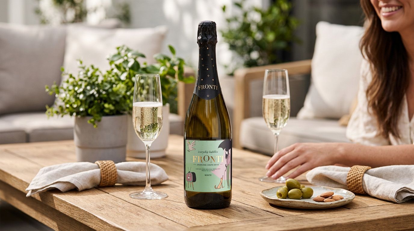 Lady sitting at table reaches for bottle of non-alcoholic grape juice
