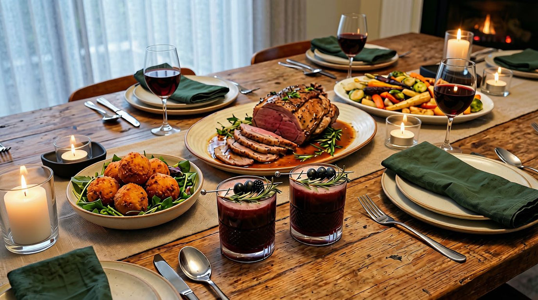 Rustic, candle-lit dining table topped with roast lamb, vegetables, and red wine accompanied by two glasses of Black Cedar Sour Mocktails.
