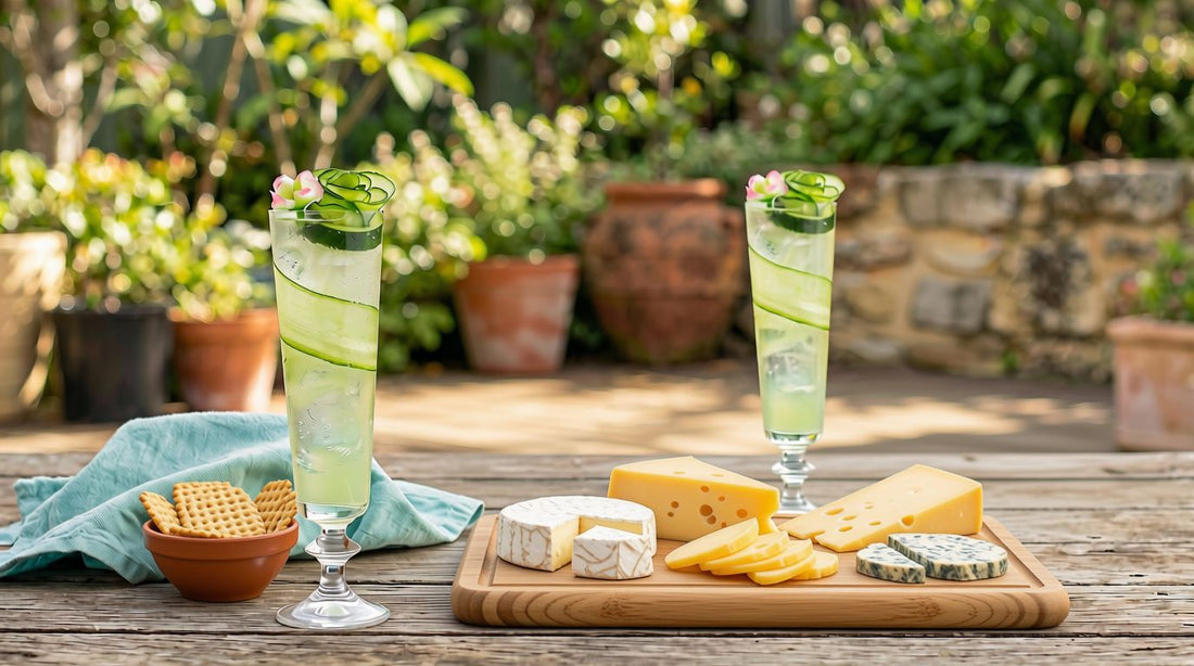  Two non-alcoholic Elderflower Spritz cocktails garnished with cucumber ribbon and edible flowers, served with a cheese platter outdoors

