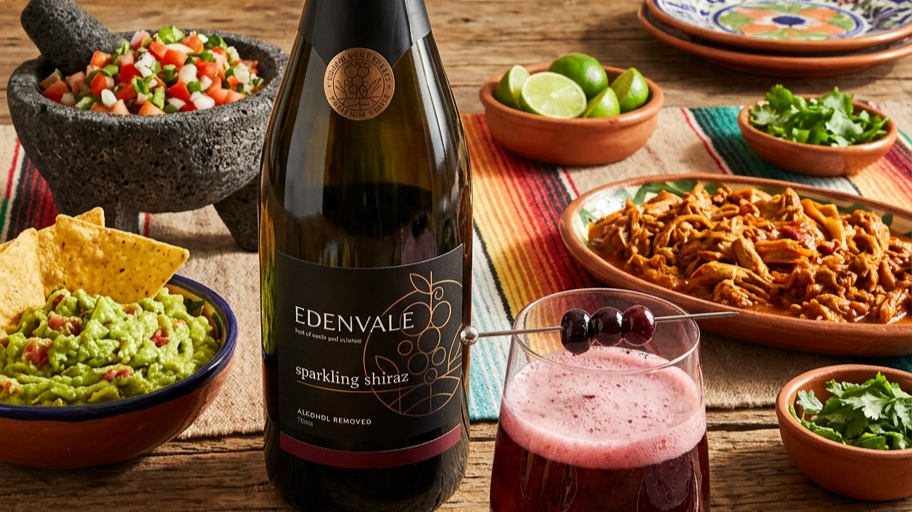 Blueberry Mojito Mocktail and Edenvale Non-Alcoholic Sparkling Shiraz alongside bowls of guacamole, salsa, marinated meat, and fresh garnish.