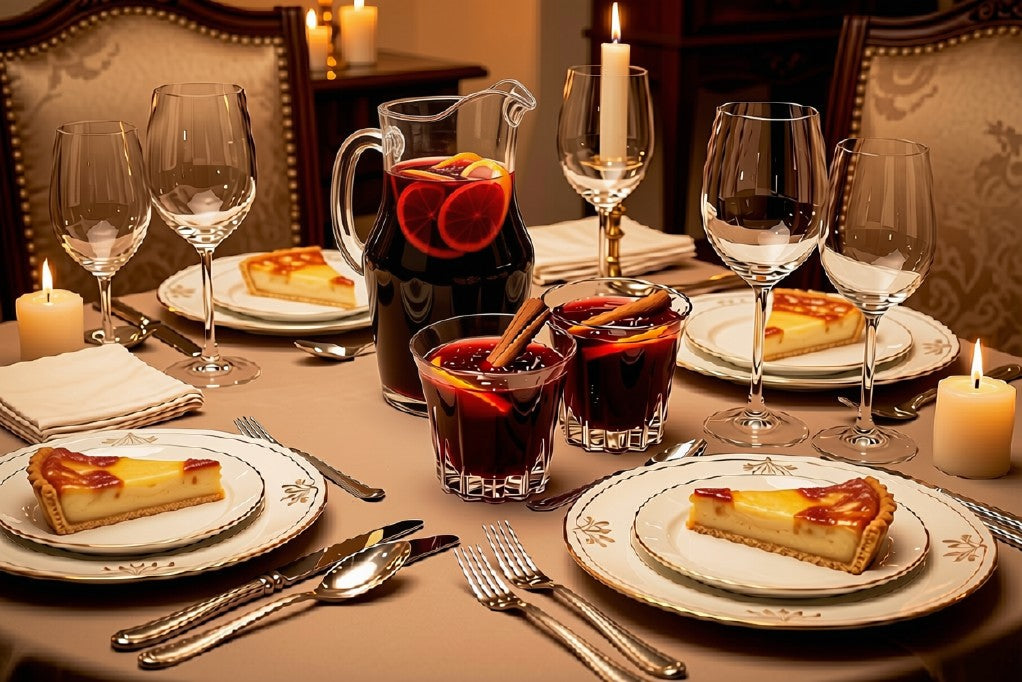 Formal dining table setting for our with a slice of sweet tart on each plate and a jug and glasses of orange mocktail in the centre. 