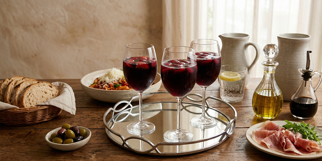 Three glasses of non-alcoholic Red Sangria mocktail served over ice on a rustic table with ceramic jugs and antipasto ingredients