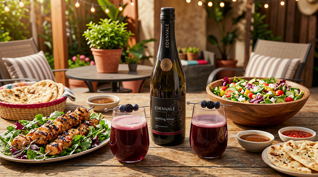 Two glasses of Blueberry Mojito mocktail next to a bottle of Edenvale Non-Alcoholic Sparkling Shiraz, and plates of skewered meat, fresh salad, and flatbreads.