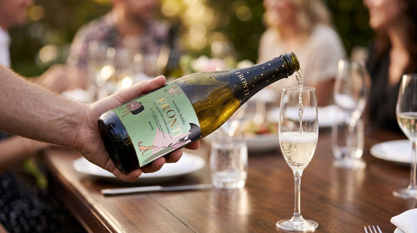 Bottle of Edenvale Fronti White being poured into Champagne flute at outdoor setting