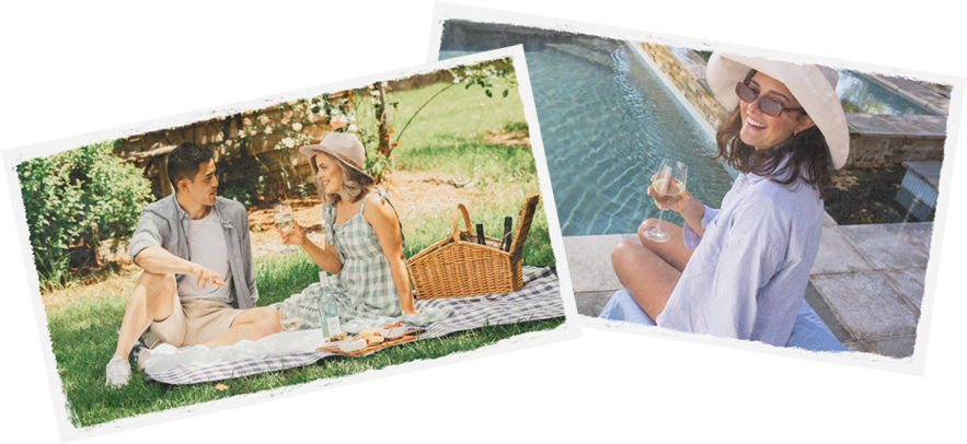  A group of photos one with a couple at a picnic and the other with a women beside a pool with wine