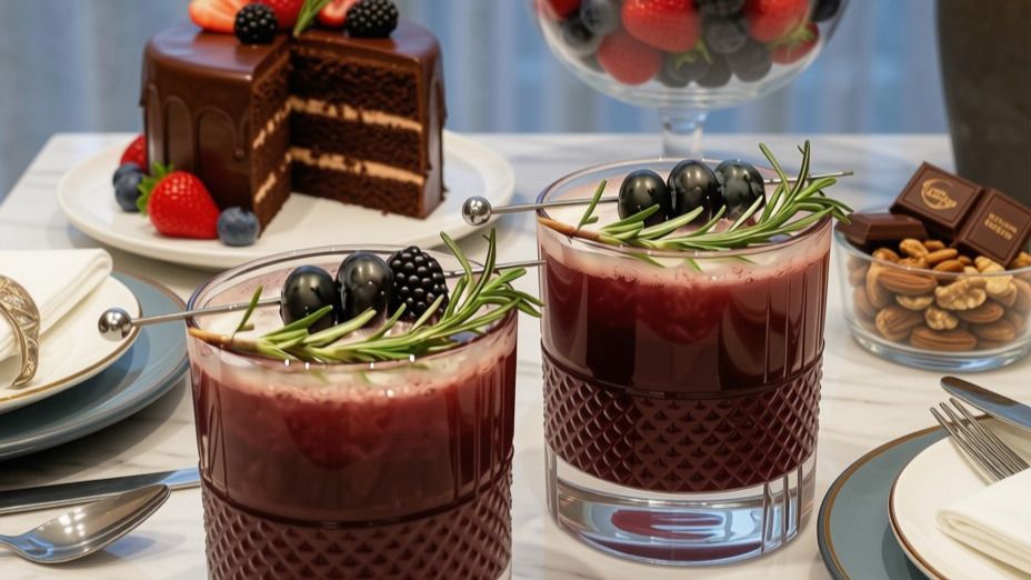 Two glasses of Black Cedar Sour Mocktail next to a decadent chocolate cake, a bowl of nuts with chocolates, and fresh berries.

